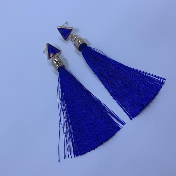 Blue Boho Long Triangle Tassel Drop Earrings - Picture 5 of 5